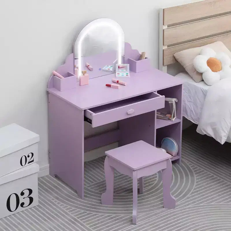 Coiffeuse pour enfants avec miroir lumineux et tabouret, coiffeuse pour petites filles avec lumière LED réglable
