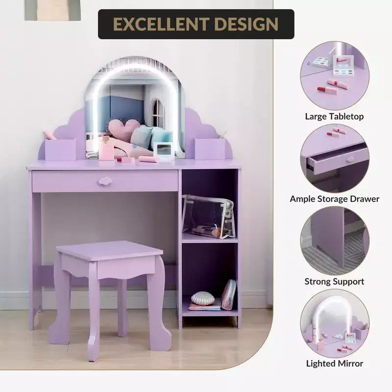 Coiffeuse pour enfants avec miroir lumineux et tabouret, coiffeuse pour petites filles avec lumière LED réglable