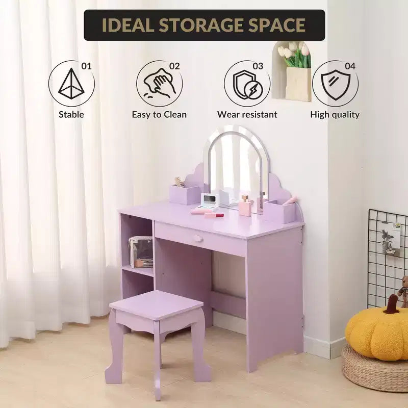 Coiffeuse pour enfants avec miroir lumineux et tabouret, coiffeuse pour petites filles avec lumière LED réglable