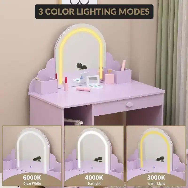 Coiffeuse pour enfants avec miroir lumineux et tabouret, coiffeuse pour petites filles avec lumière LED réglable