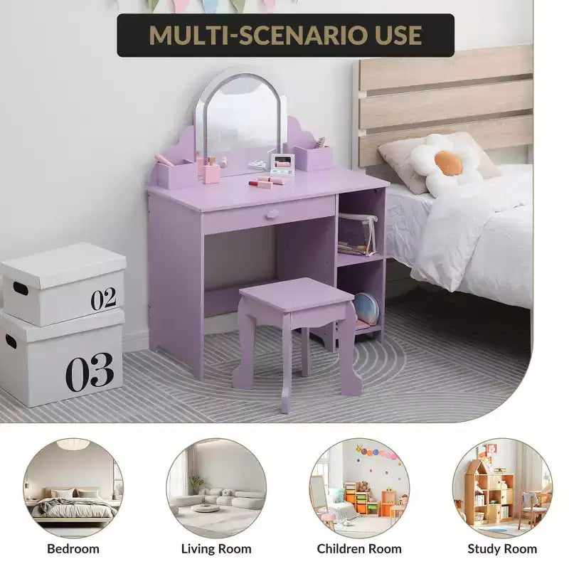 Coiffeuse pour enfants avec miroir lumineux et tabouret, coiffeuse pour petites filles avec lumière LED réglable