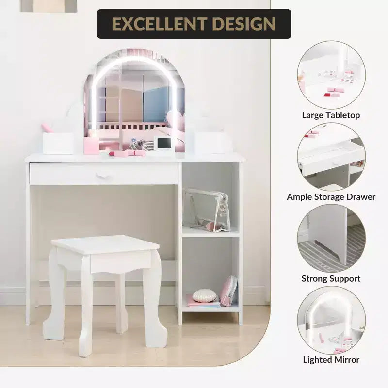 Coiffeuse pour enfants avec miroir lumineux et tabouret, coiffeuse pour petites filles avec lumière LED réglable