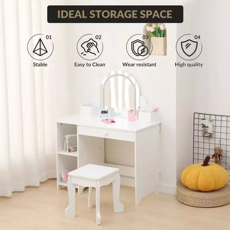 Coiffeuse pour enfants avec miroir lumineux et tabouret, coiffeuse pour petites filles avec lumière LED réglable