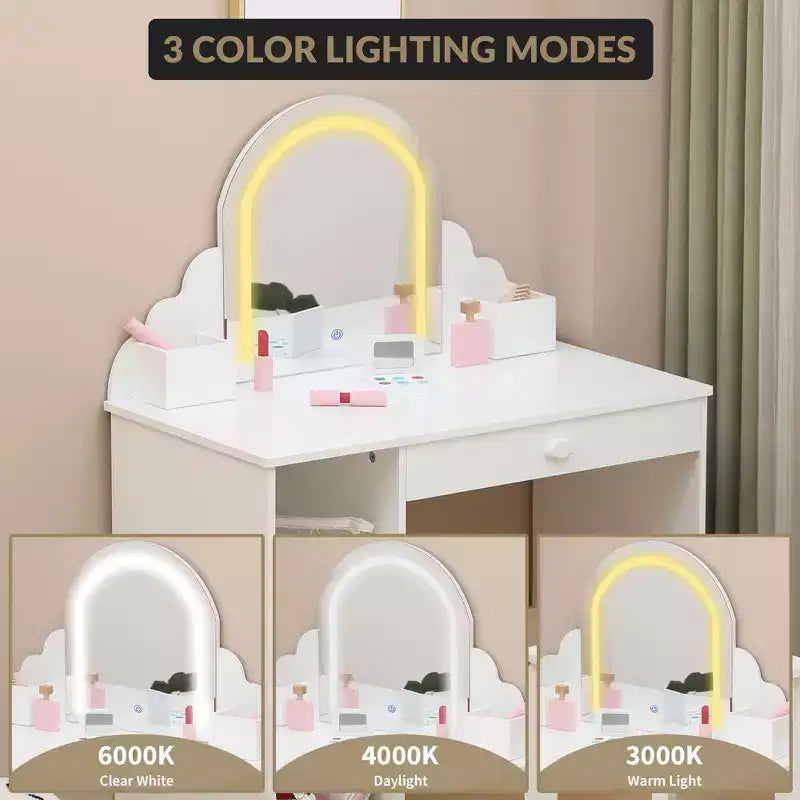 Coiffeuse pour enfants avec miroir lumineux et tabouret, coiffeuse pour petites filles avec lumière LED réglable