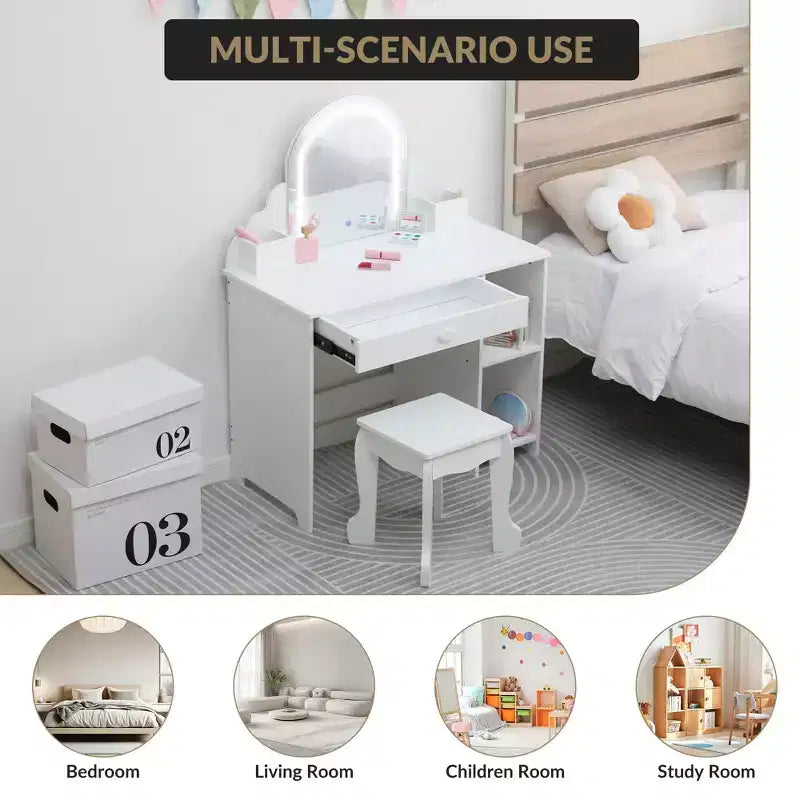 Coiffeuse pour enfants avec miroir lumineux et tabouret, coiffeuse pour petites filles avec lumière LED réglable