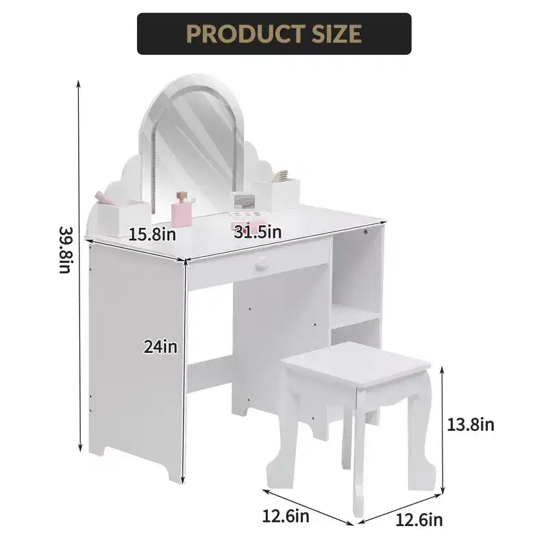 Coiffeuse pour enfants avec miroir lumineux et tabouret, coiffeuse pour petites filles avec lumière LED réglable