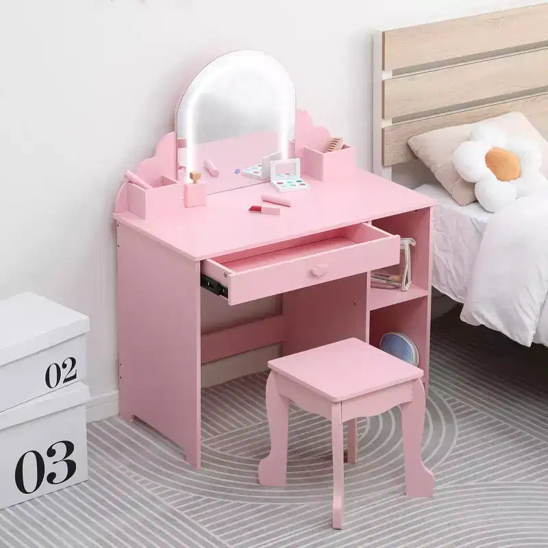 Coiffeuse pour enfants avec miroir lumineux et tabouret, coiffeuse pour petites filles avec lumière LED réglable