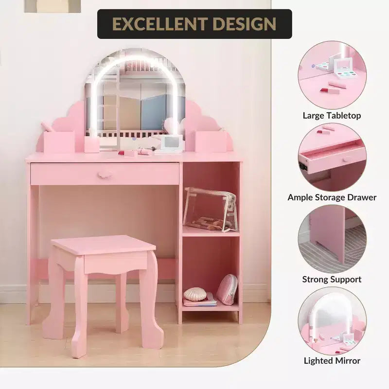 Coiffeuse pour enfants avec miroir lumineux et tabouret, coiffeuse pour petites filles avec lumière LED réglable