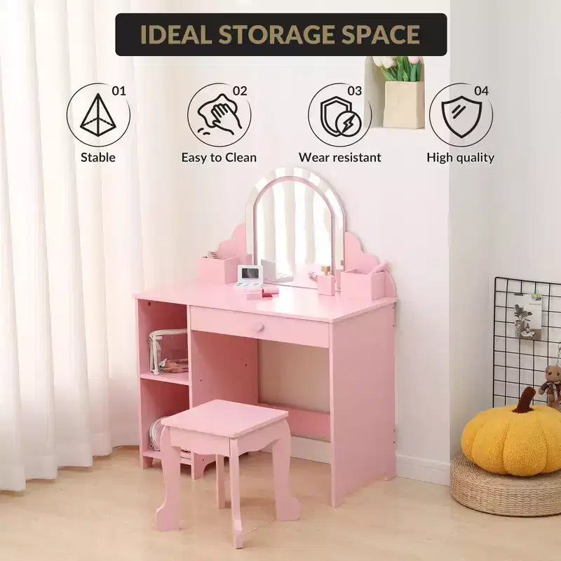 Coiffeuse pour enfants avec miroir lumineux et tabouret, coiffeuse pour petites filles avec lumière LED réglable