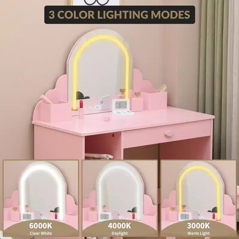 Coiffeuse pour enfants avec miroir lumineux et tabouret, coiffeuse pour petites filles avec lumière LED réglable