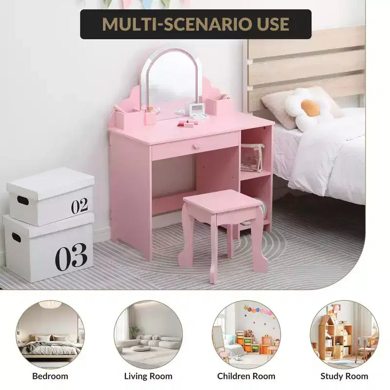 Coiffeuse pour enfants avec miroir lumineux et tabouret, coiffeuse pour petites filles avec lumière LED réglable