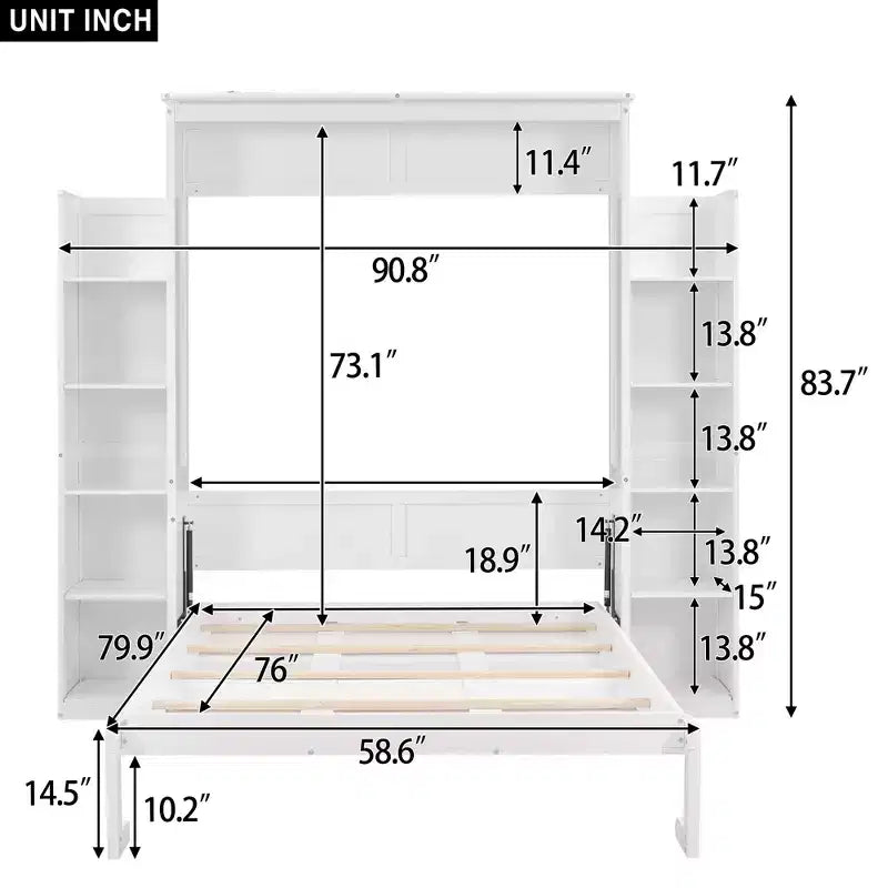 Lit avec étagères de rangement et lumières LED, armoire lit escamotable