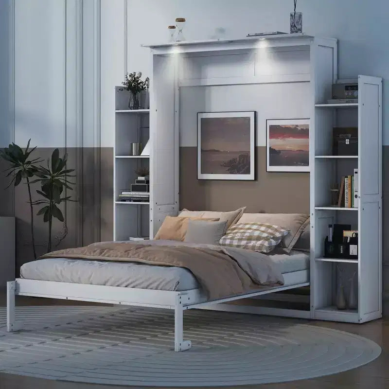 Lit avec étagères de rangement et lumières LED, armoire lit escamotable
