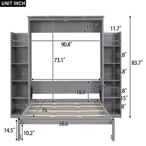 Lit avec étagères de rangement et lumières LED, armoire lit escamotable