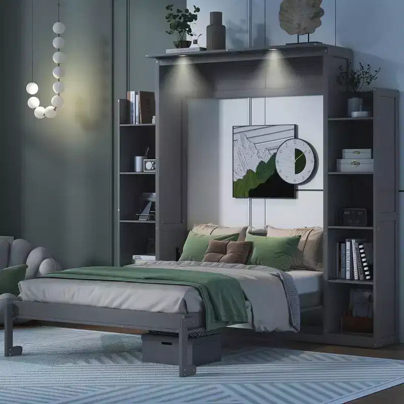 Lit avec étagères de rangement et lumières LED, armoire lit escamotable