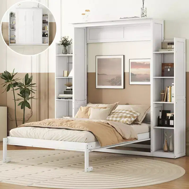 Lit avec étagères de rangement et lumières LED, armoire lit escamotable