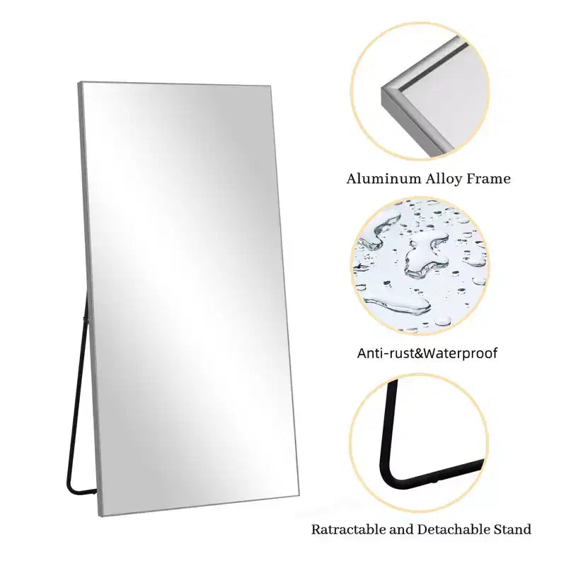 Miroir rectangulaire psyché en alliage d'aluminium à bordure fine, argenté