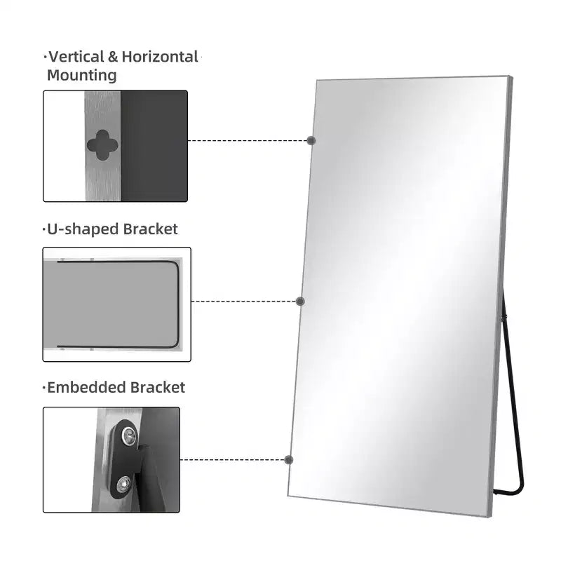 Miroir rectangulaire psyché en alliage d'aluminium à bordure fine, argenté