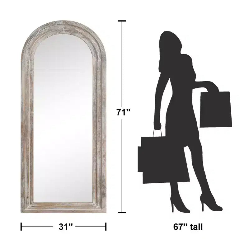 Miroir psyché à arche d'angle droit étagée en bois massif blanc vieilli