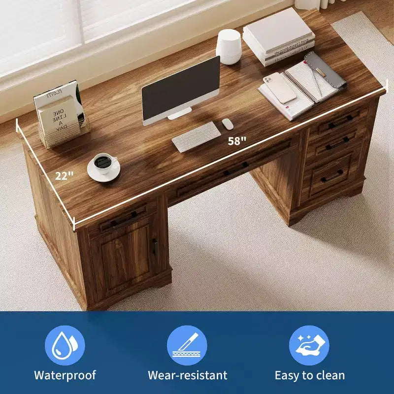 Bureau de direction avec 5 tiroirs et armoire, style ferme pour bureau à domicile