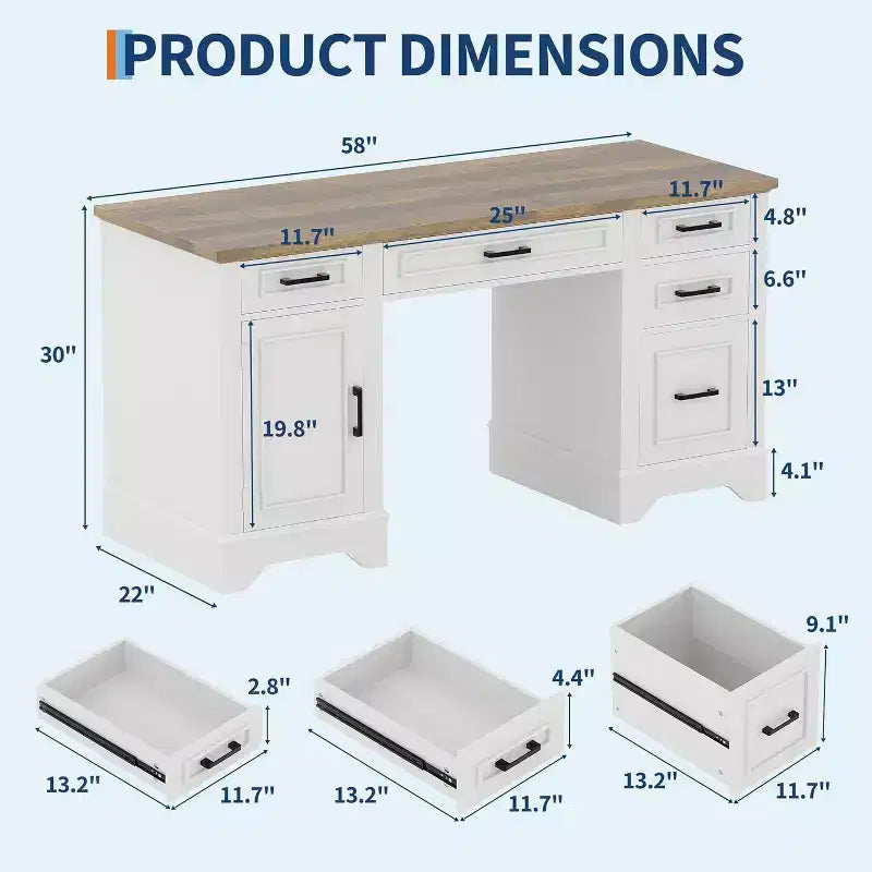 Bureau de direction avec 5 tiroirs et armoire, style ferme pour bureau à domicile
