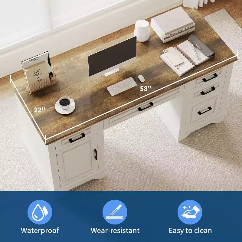 Bureau de direction avec 5 tiroirs et armoire, style ferme pour bureau à domicile