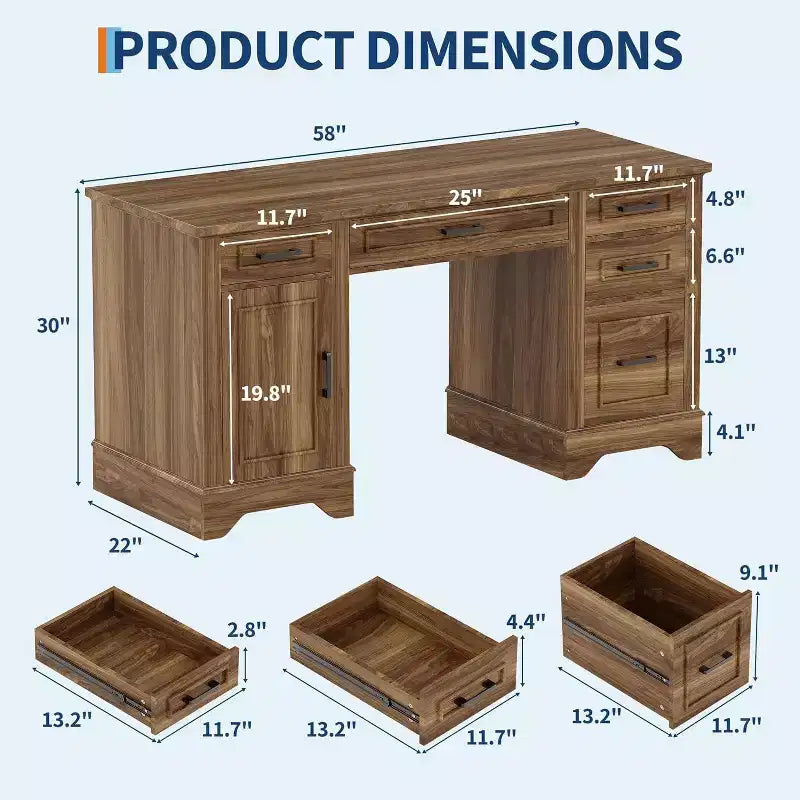 Bureau de direction avec 5 tiroirs et armoire, style ferme pour bureau à domicile