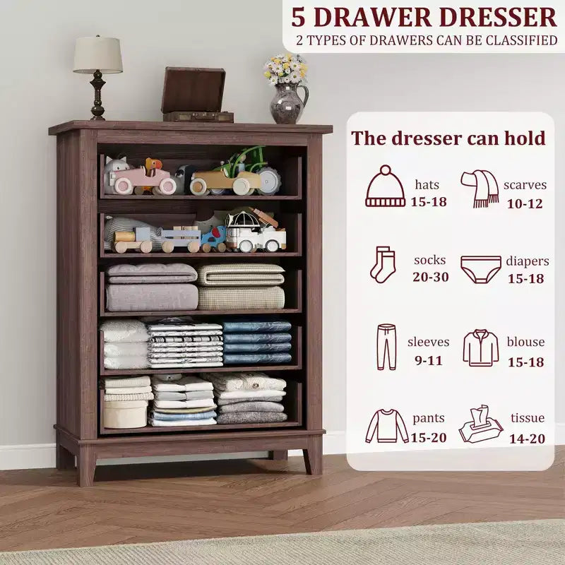 Commode verticale à 5 tiroirs avec rangement, commode de rangement en bois