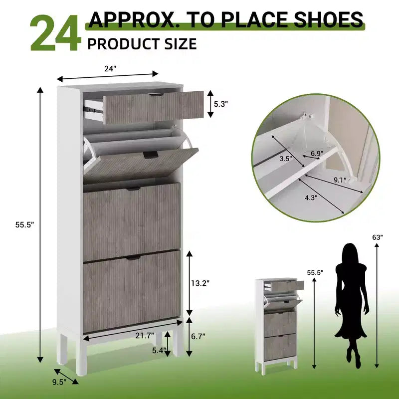 Meuble à chaussures avec 3 tiroirs abattants et 1 tiroir, étagères réglables et pieds en métal