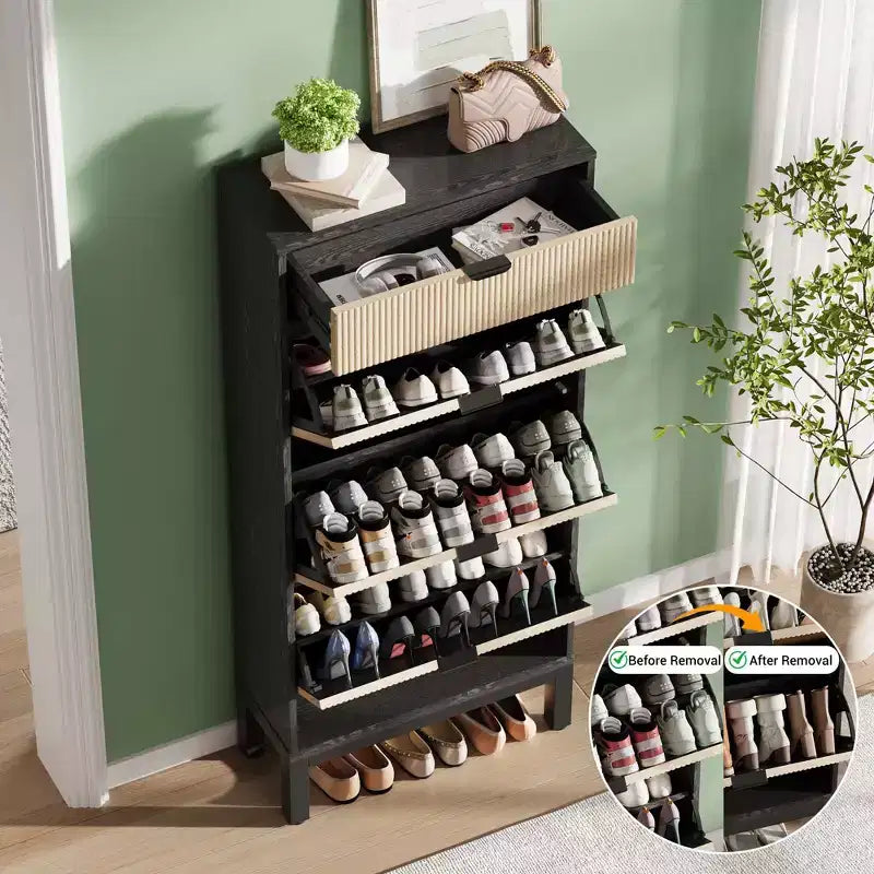 Meuble à chaussures avec 3 tiroirs abattants et 1 tiroir, étagères réglables et pieds en métal