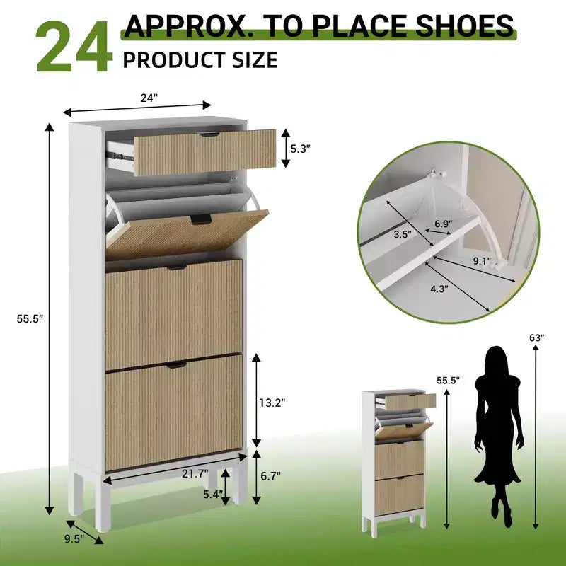 Meuble à chaussures avec 3 tiroirs abattants et 1 tiroir, étagères réglables et pieds en métal
