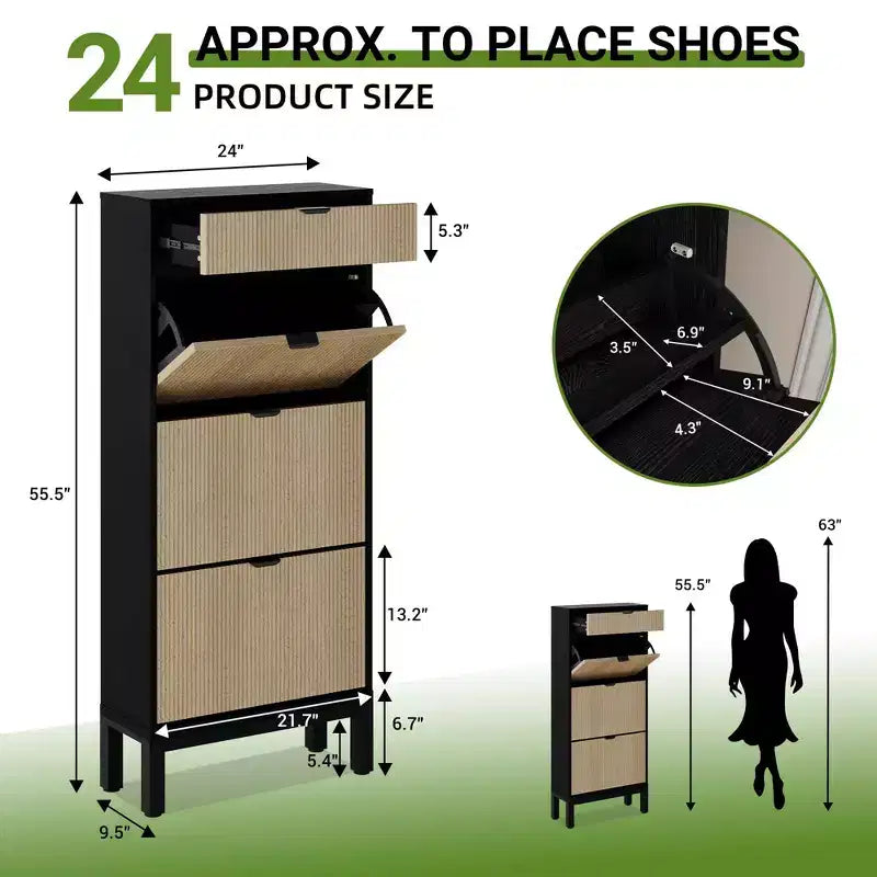 Meuble à chaussures avec 3 tiroirs abattants et 1 tiroir, étagères réglables et pieds en métal