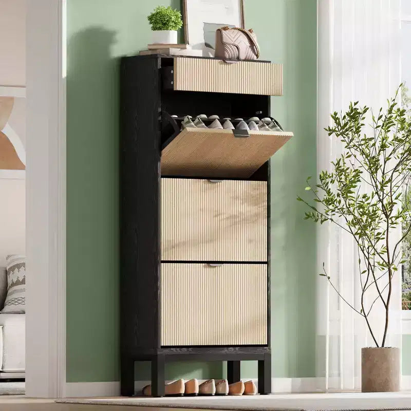 Shoe Storage Cabinet with 3 Flip Drawers and 1 Drawer, Adjustable Shelves and Metal Legs, Space-Saving Narrow Rack Cabinet for Entryway