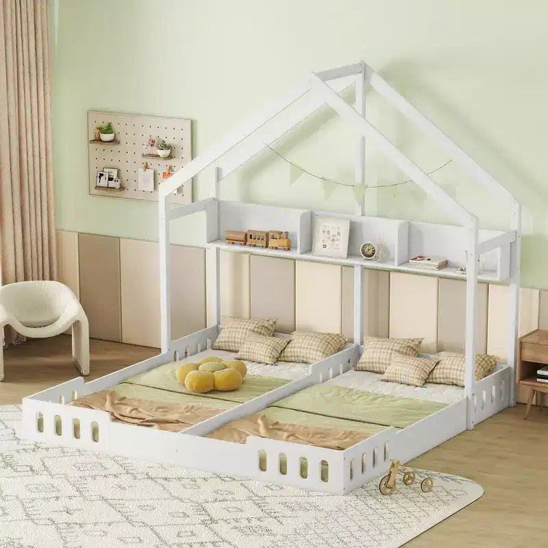 Twin Size House-Shaped Platform Bed Frame Floor Bed Two Shared Beds with Shelves and Guardrail, Creamy White - ModernLuxe
