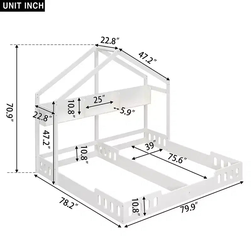Lit cabane Montessori double, lit plateforme au sol, deux lits partagés