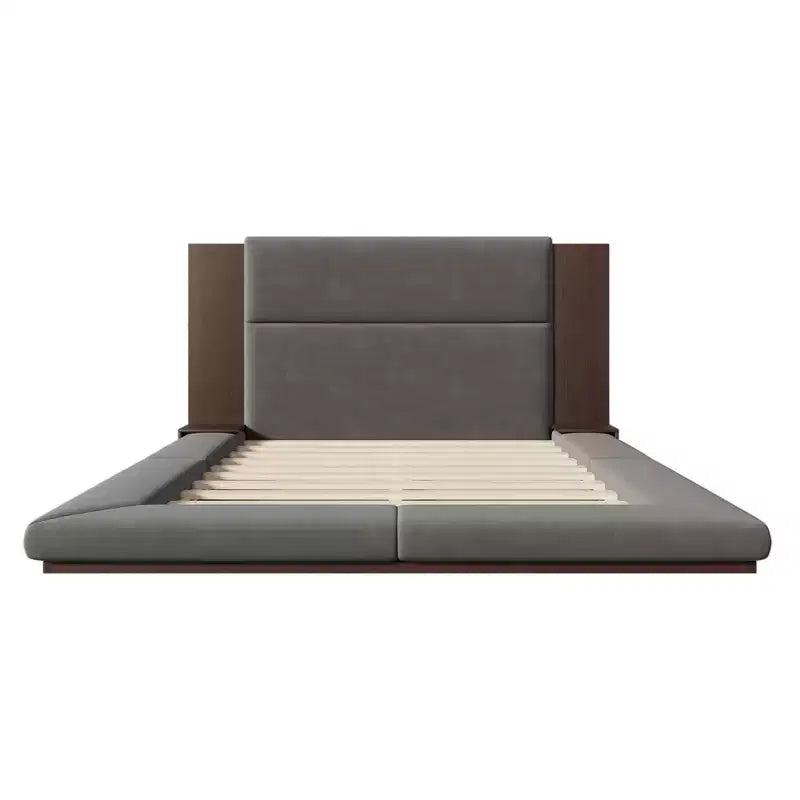 Lit plateforme moderne rembourré avec tête de lit prolongée en bois