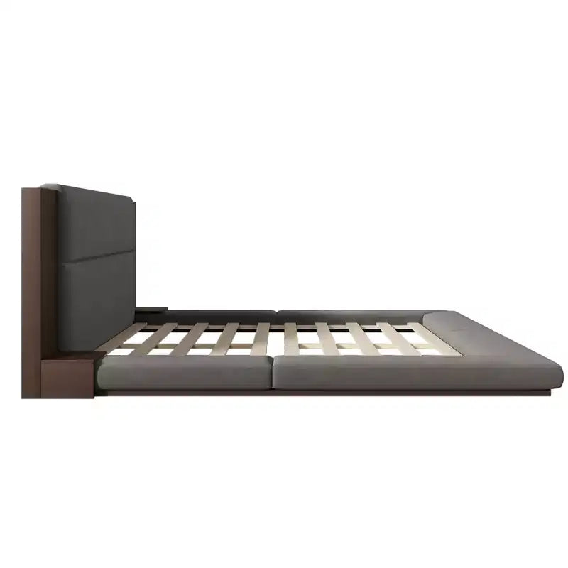 Lit plateforme moderne rembourré avec tête de lit prolongée en bois