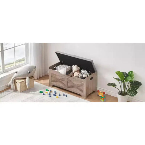 Coffre de rangement en bois style grange avec couvercle relevable, 2 charnières de sécurité, coussin de siège rembourré