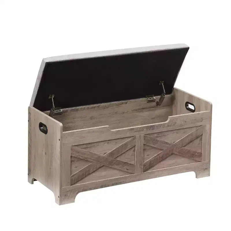 Coffre de rangement en bois style grange avec couvercle relevable, 2 charnières de sécurité, coussin de siège rembourré