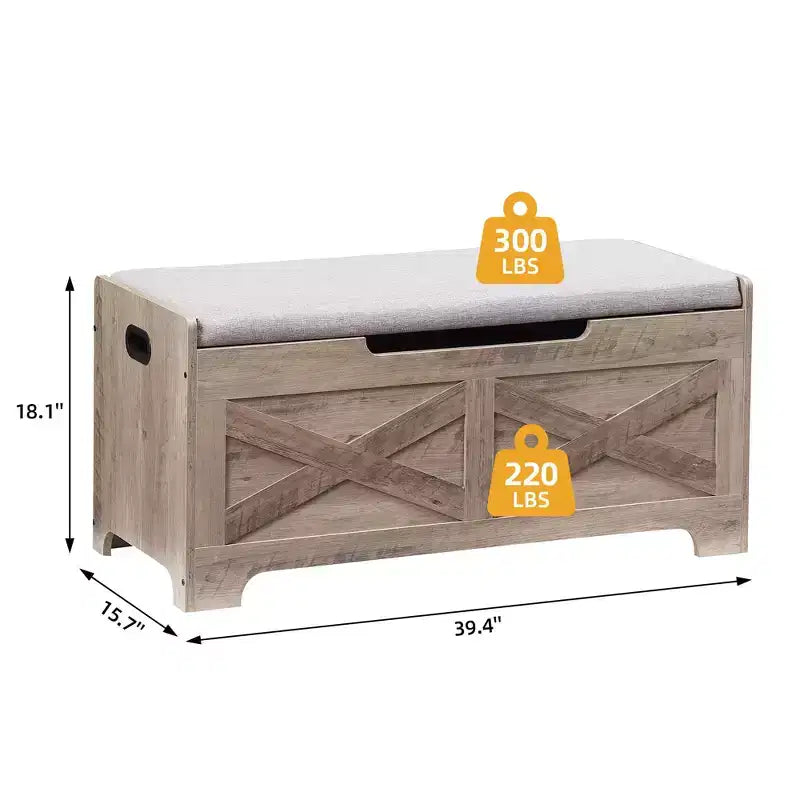 Coffre de rangement en bois style grange avec couvercle relevable, 2 charnières de sécurité, coussin de siège rembourré