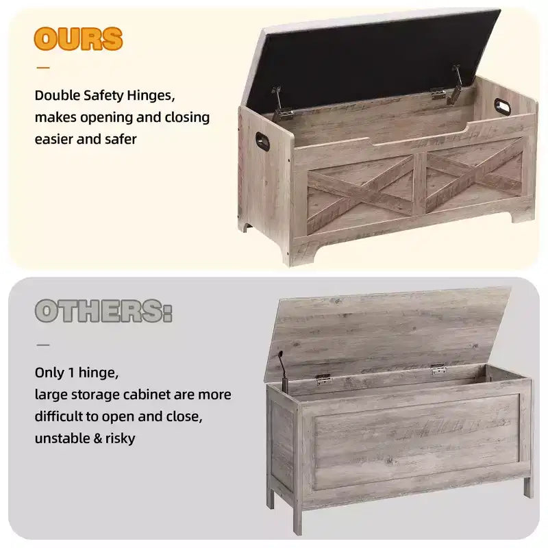 Coffre de rangement en bois style grange avec couvercle relevable, 2 charnières de sécurité, coussin de siège rembourré
