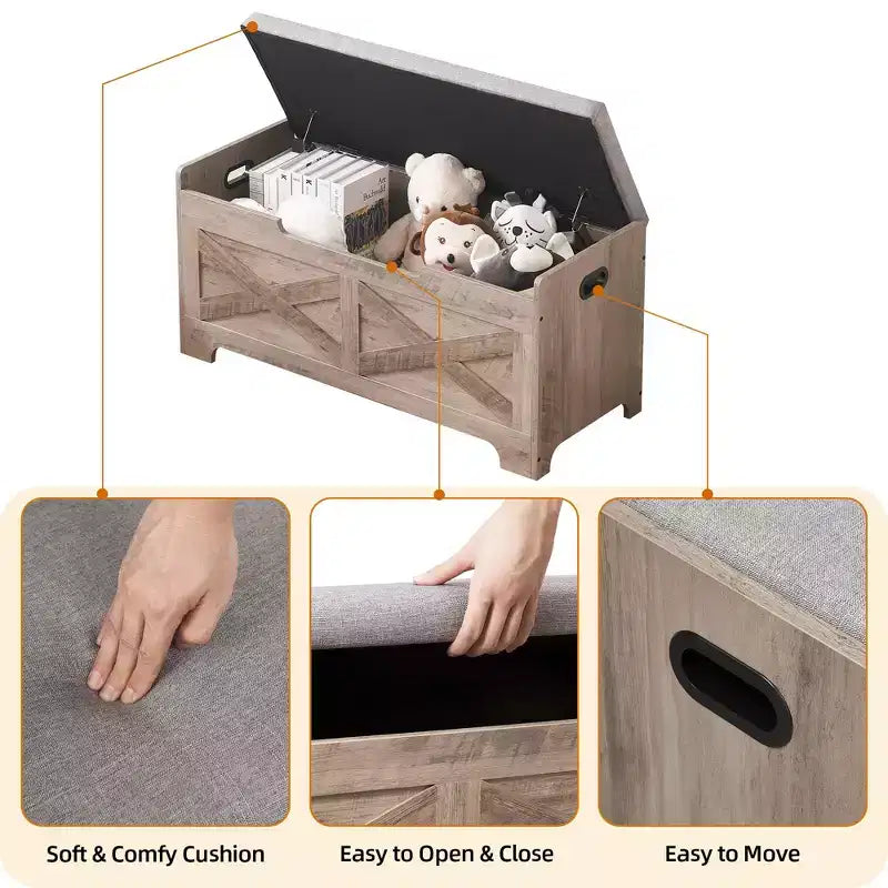 Coffre de rangement en bois style grange avec couvercle relevable, 2 charnières de sécurité, coussin de siège rembourré