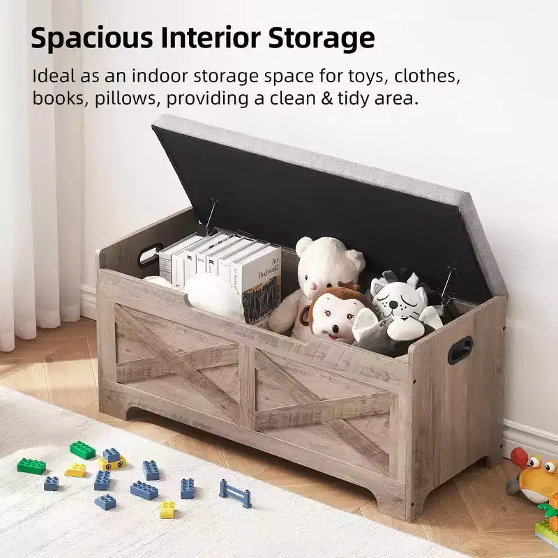 Coffre de rangement en bois style grange avec couvercle relevable, 2 charnières de sécurité, coussin de siège rembourré