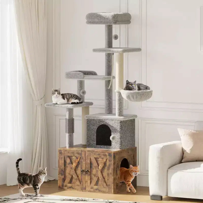 Cat Tree, Litter Box Enclosure - 2-in-1 Hidden Furniture with Platforms, Condo, Scratching Posts, Dangling Balls (Rustic Brown)