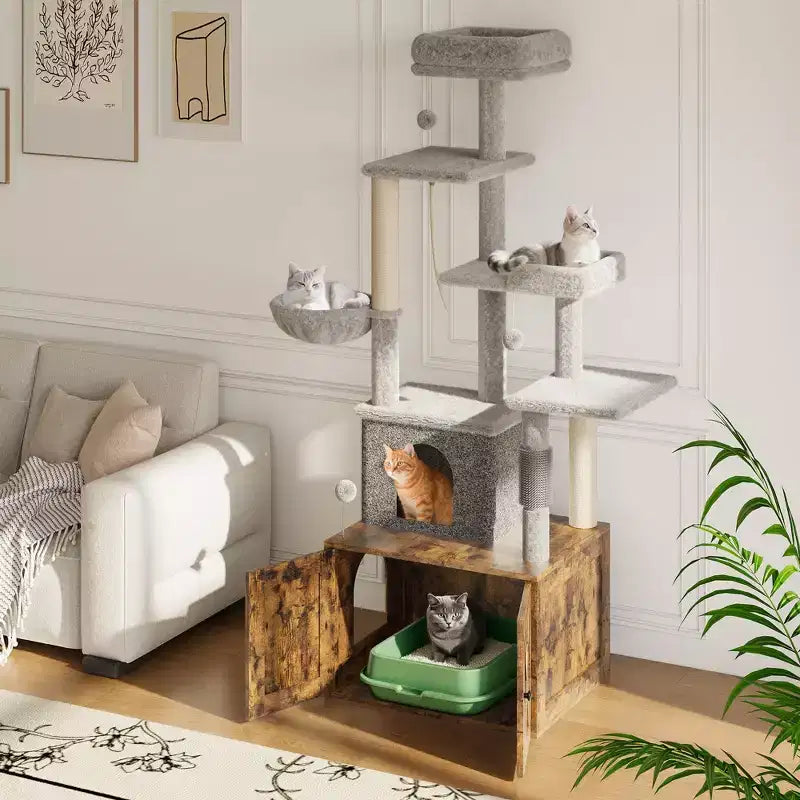 Arbre à chat, Meuble litière – Meuble caché 2-en-1 avec plateformes