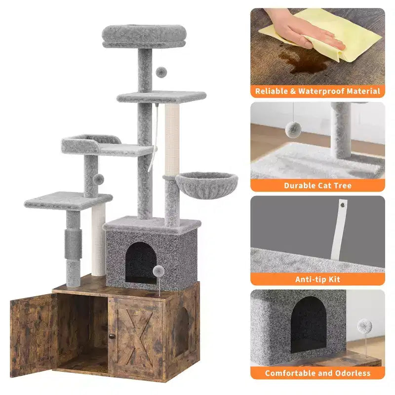 Arbre à chat, Meuble litière – Meuble caché 2-en-1 avec plateformes