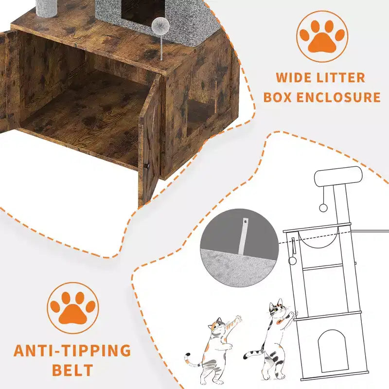 Arbre à chat, Meuble litière – Meuble caché 2-en-1 avec plateformes