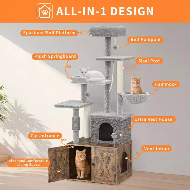 Arbre à chat, Meuble litière – Meuble caché 2-en-1 avec plateformes