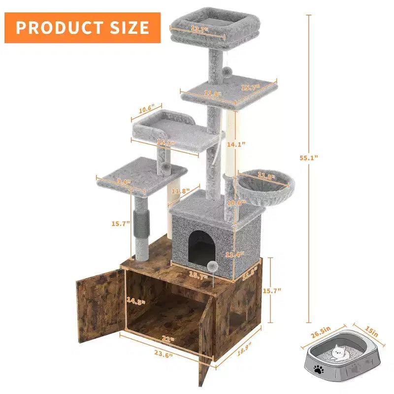 Arbre à chat, Meuble litière – Meuble caché 2-en-1 avec plateformes