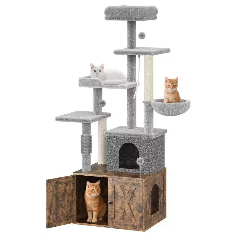 Arbre à chat, Meuble litière – Meuble caché 2-en-1 avec plateformes